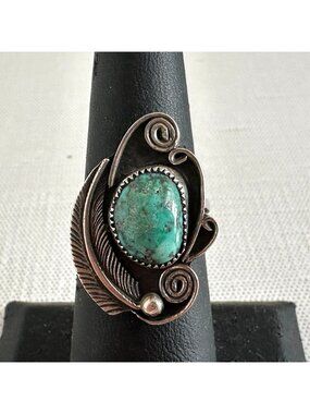 1970s Navajo Sterling Silver Turquoise Feather Scroll Ring Size 6.5 Scratch Sign